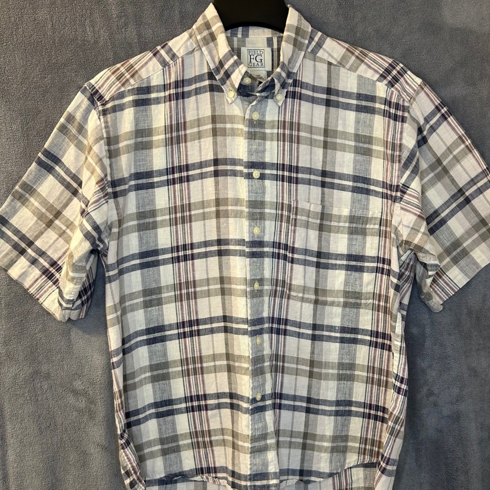Vintage Field Gear Mens M Linen Cotton Plaid GORP Short Sleeve Button Down Shirt